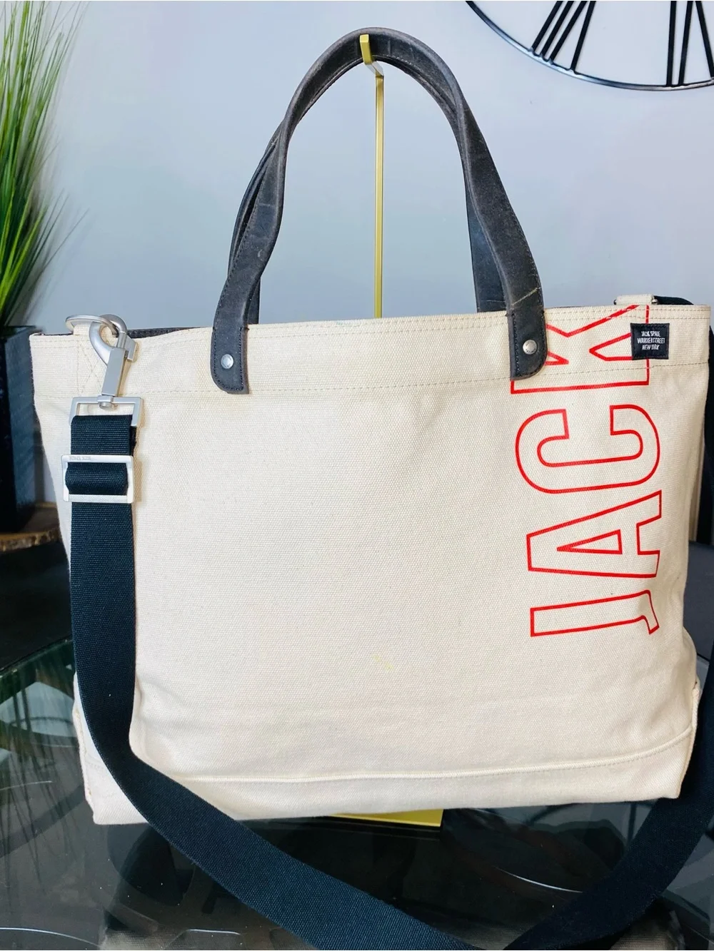 Jack Spade Canvas Dipped Coal Tote Bag Cream White Red JACK Crossbody